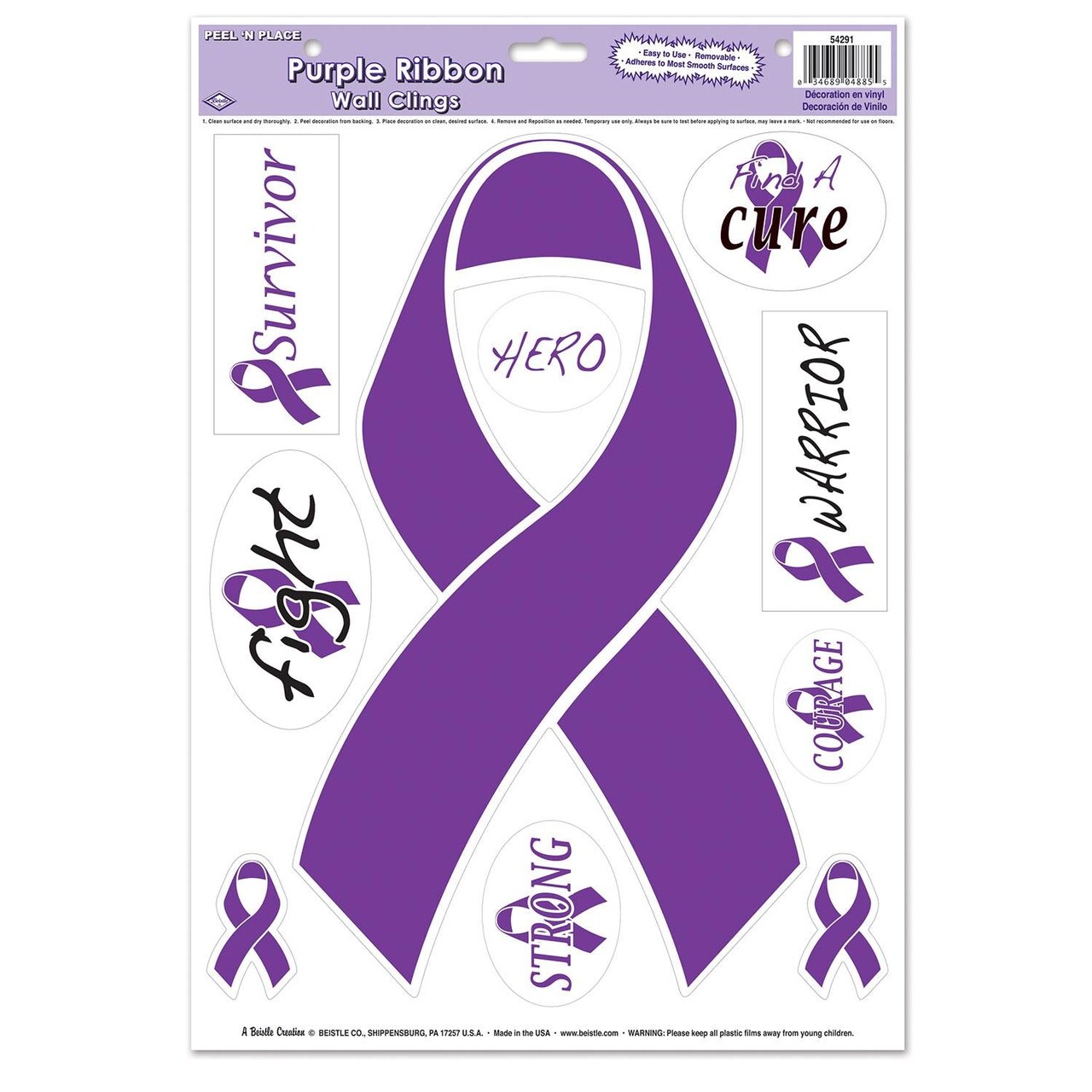 12 Pack Bulk Purple Ribbon/Find A Cure Peel 'N Place Cling Sheets